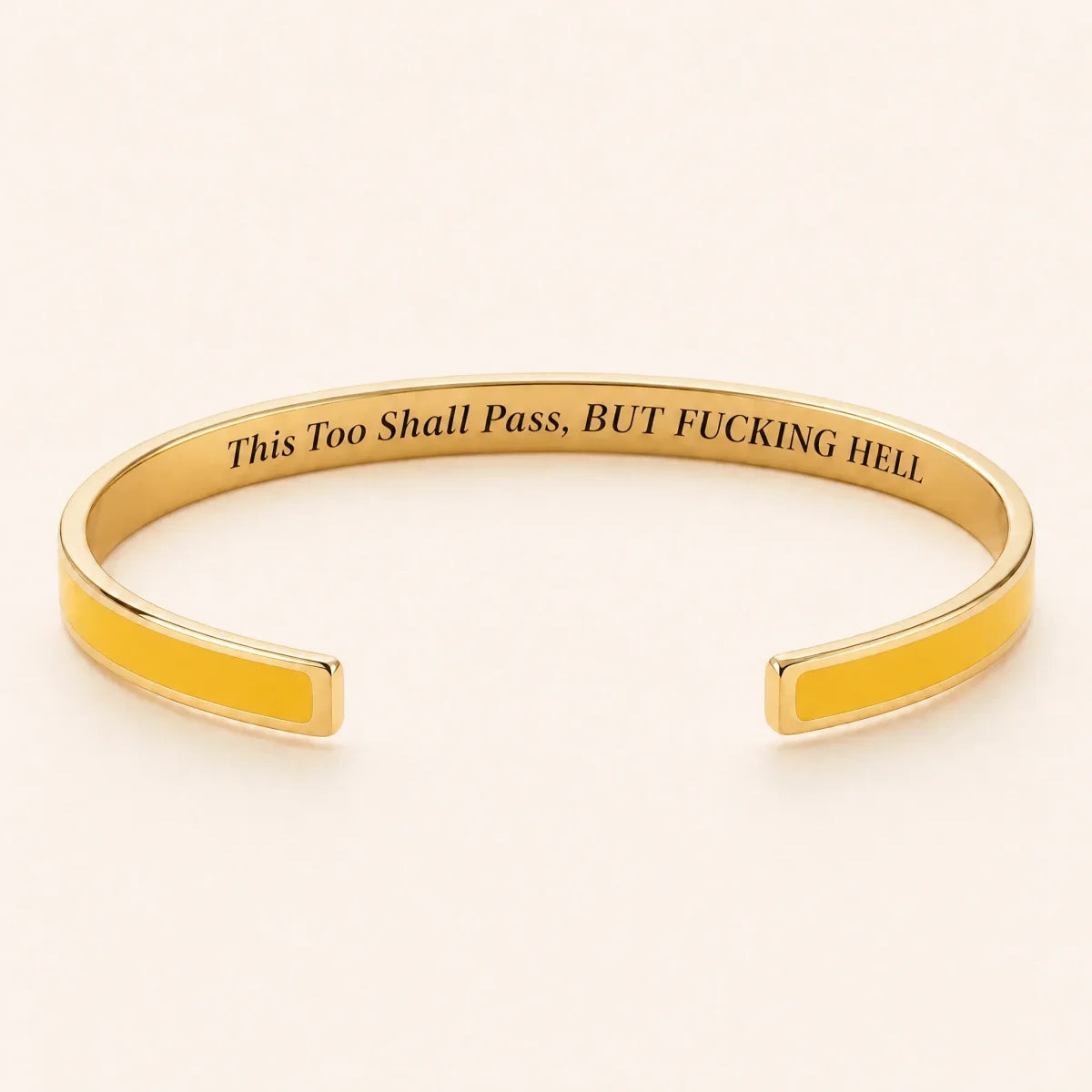 This Too Shall Pass cuff bracelet — Gold finish, Yellow enamel, full quote