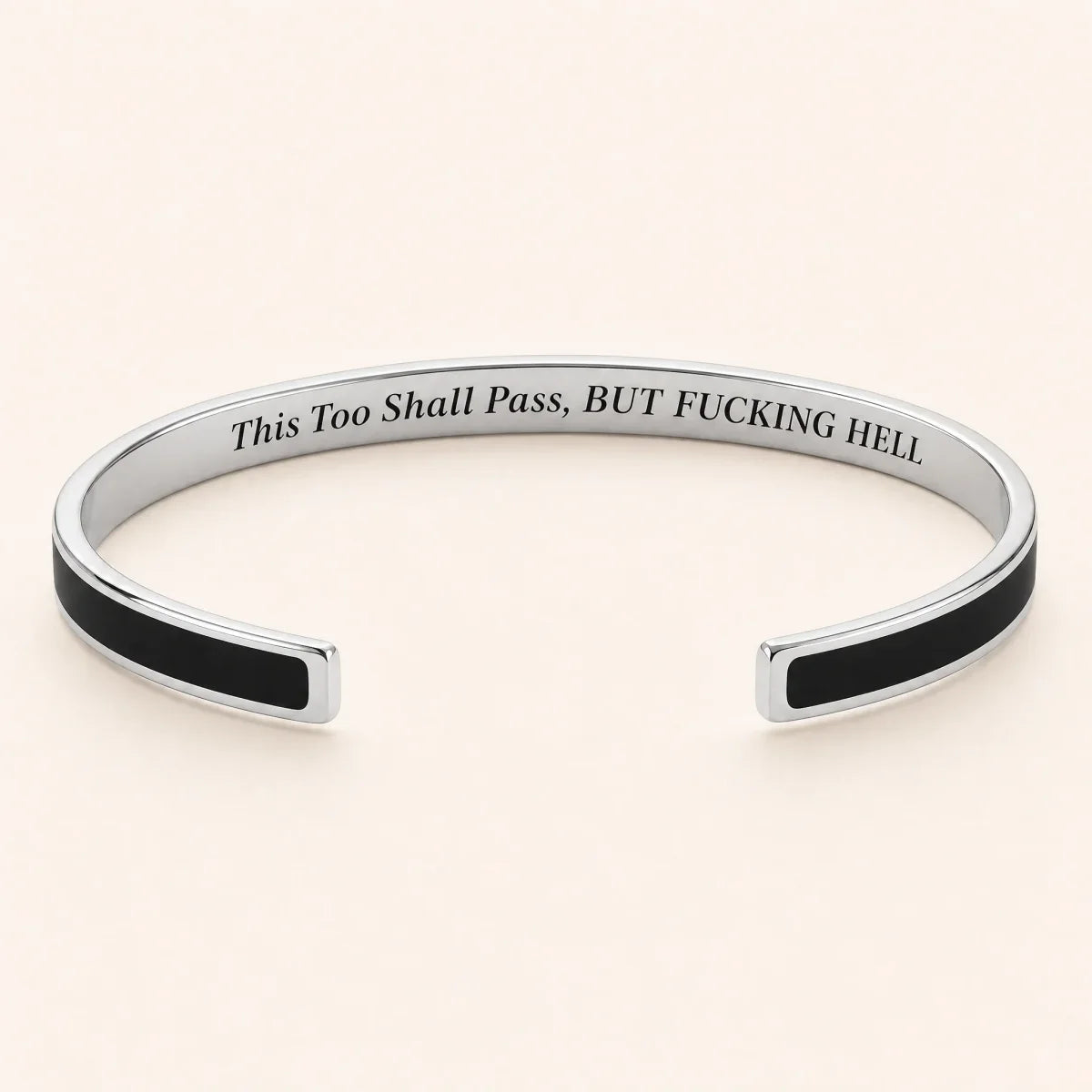 This Too Shall Pass cuff bracelet — Silver finish, Black enamel, full quote