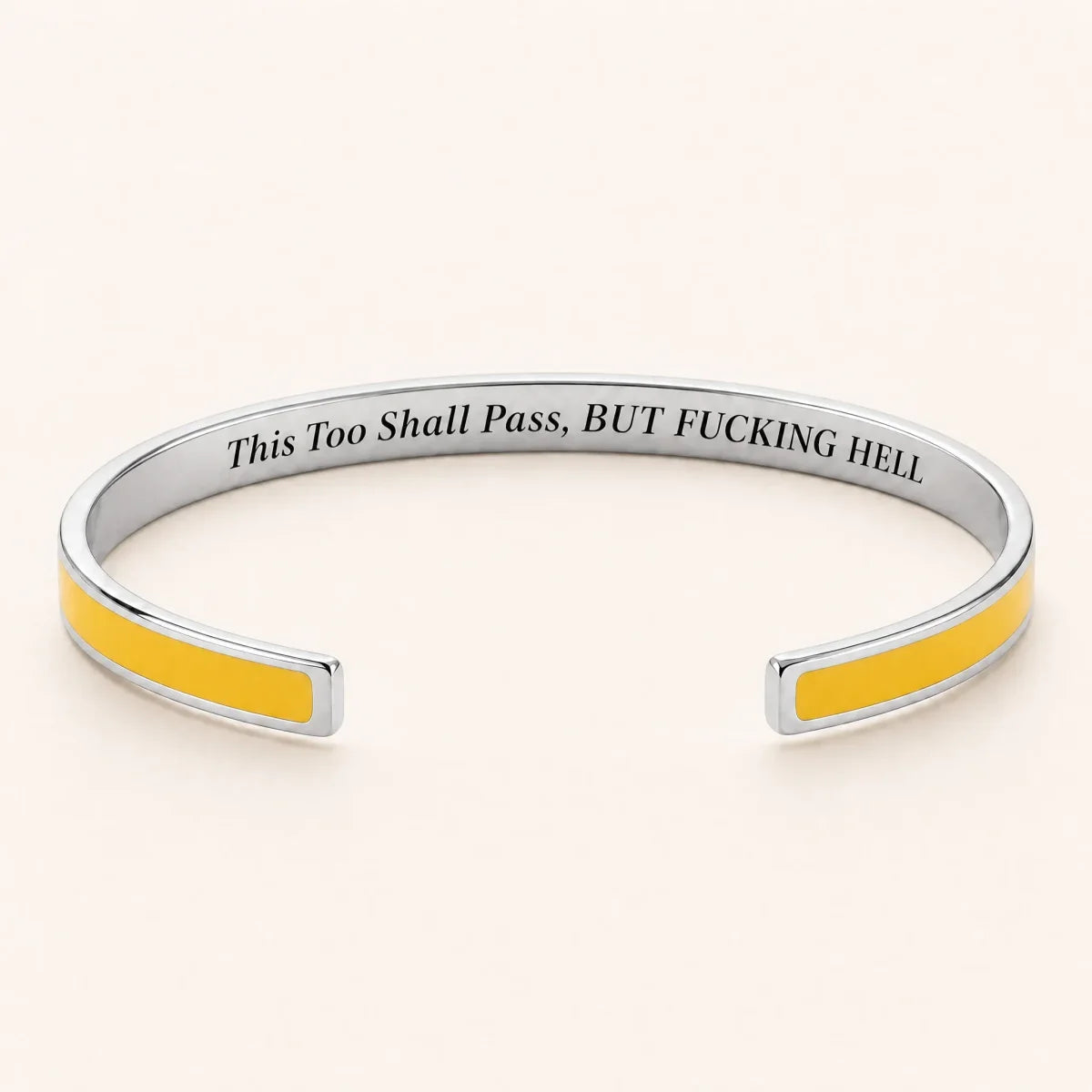This Too Shall Pass cuff bracelet — Silver finish, Yellow enamel, full quote