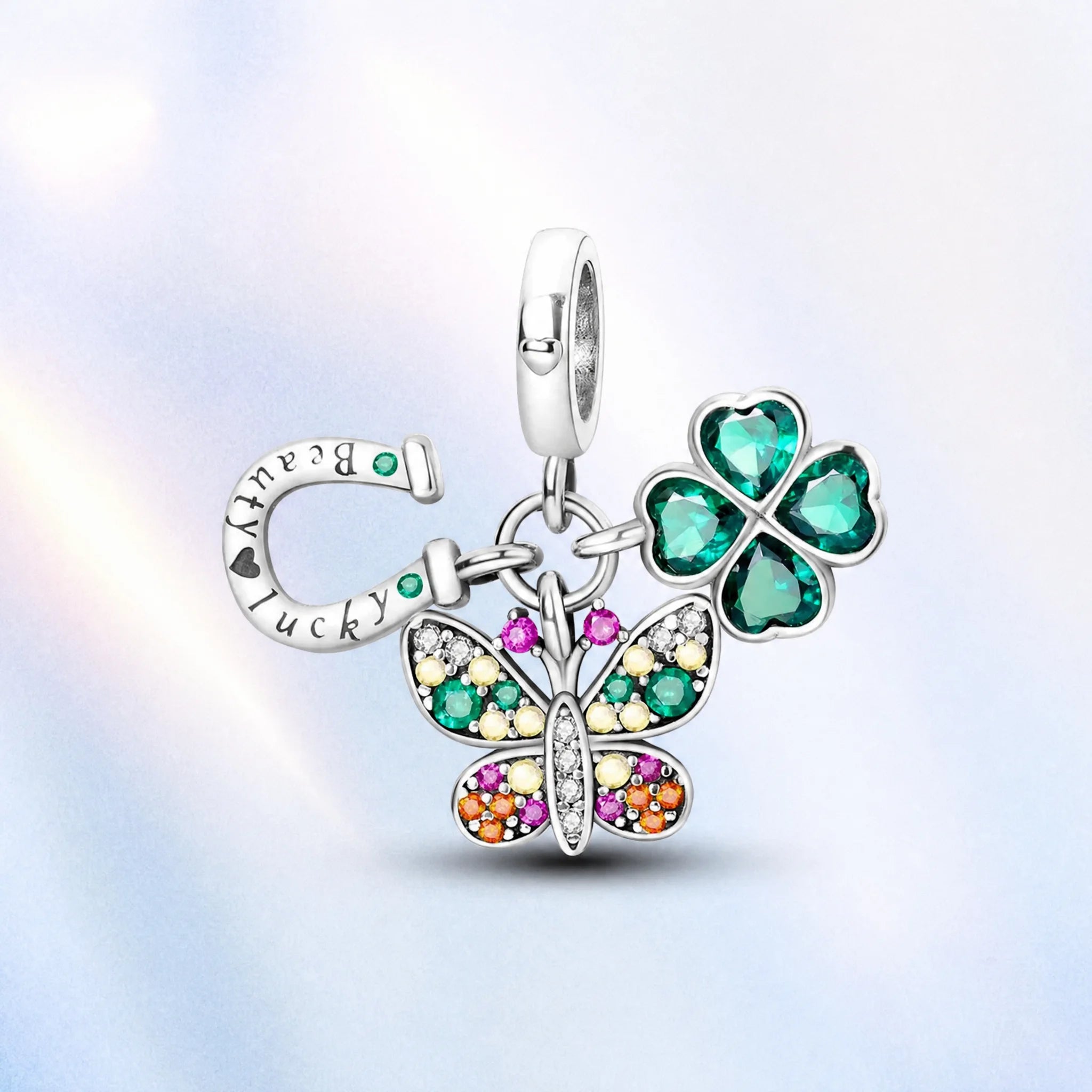 CALEO colorful charms pastel gallery image - Lucky Horseshoe Clover Butterfly Cluster Charm - colorful-bg-lucky-horseshoe-clover-butterfly-cluster-charm - 2026-07-26