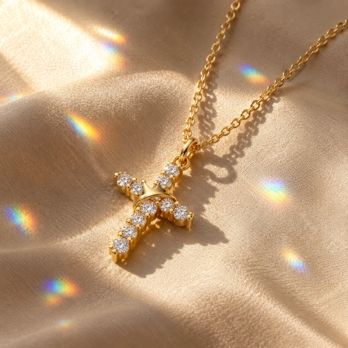 Crowned Grace Cross Necklace - gold prism still life