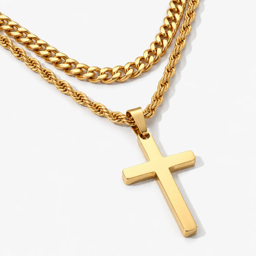 Cuban Faith Layered Cross Necklace - thumbnail gold