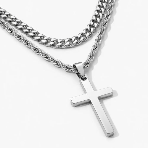 Cuban Faith Layered Cross Necklace - thumbnail silver