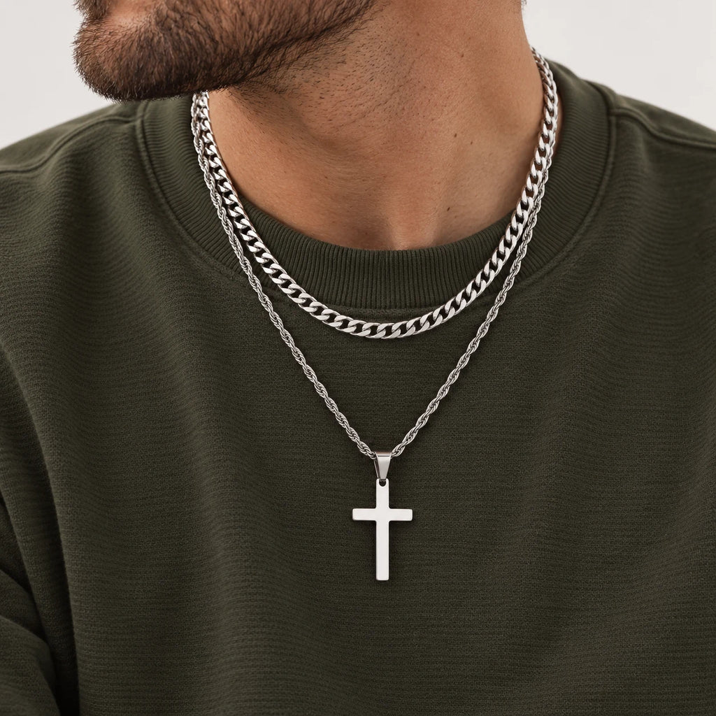 Cuban Faith Layered Cross Necklace - lifestyle silver
