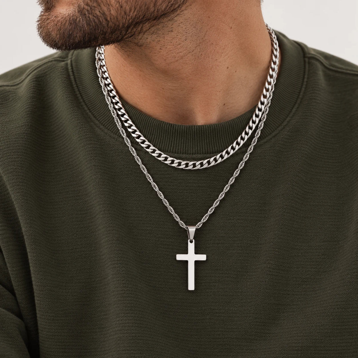 Cuban Faith Layered Cross Necklace - lifestyle silver