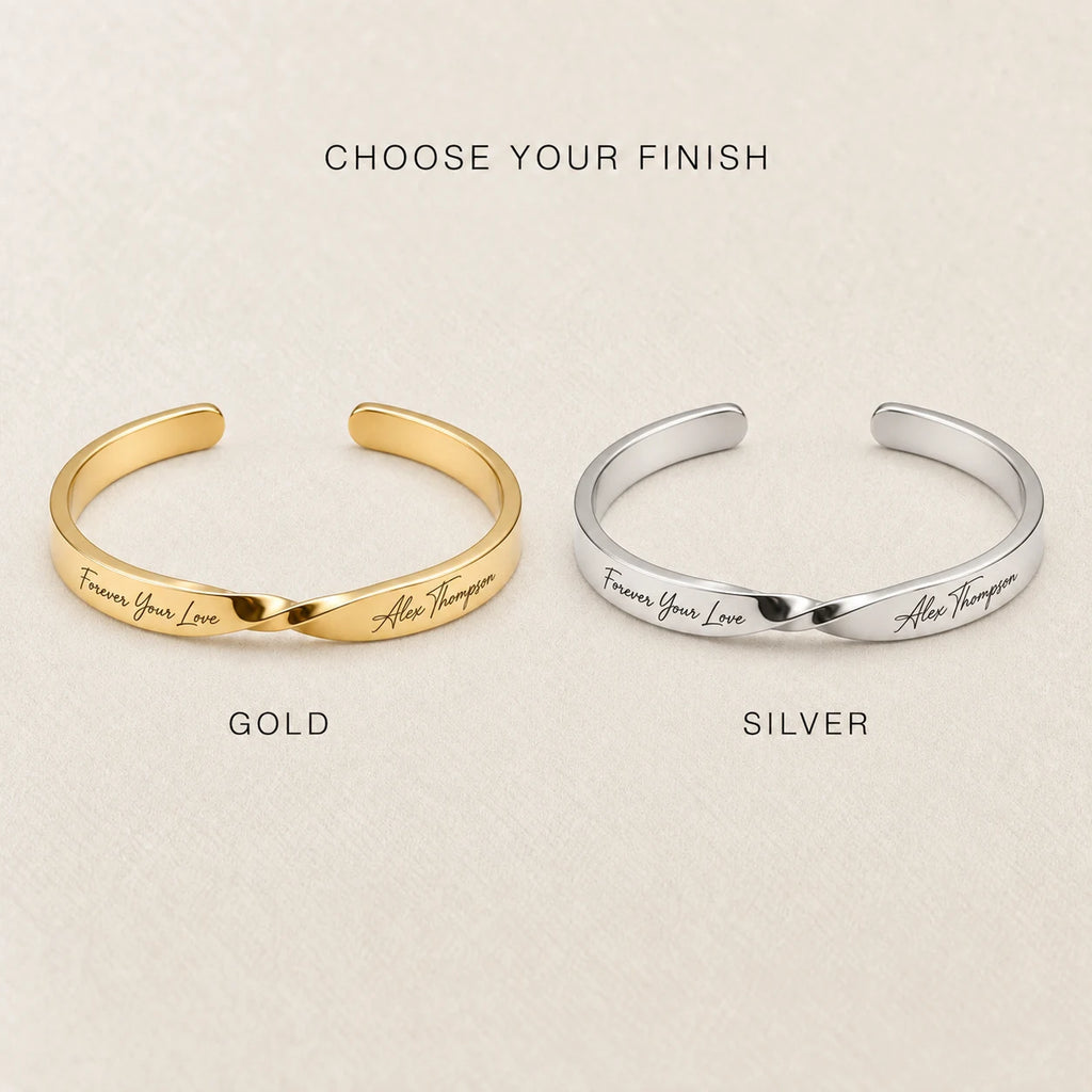 Gold and Silver finish options for Custom Engraved Twist Cuff Bracelet