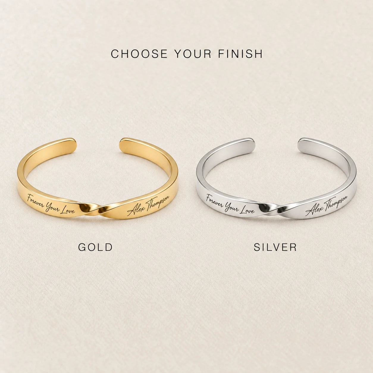 Gold and Silver finish options for Custom Engraved Twist Cuff Bracelet