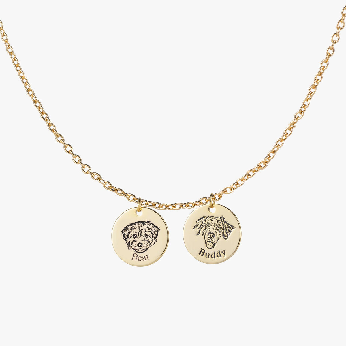 Gold Custom Pet Face Necklace with 2 personalized pet pendants