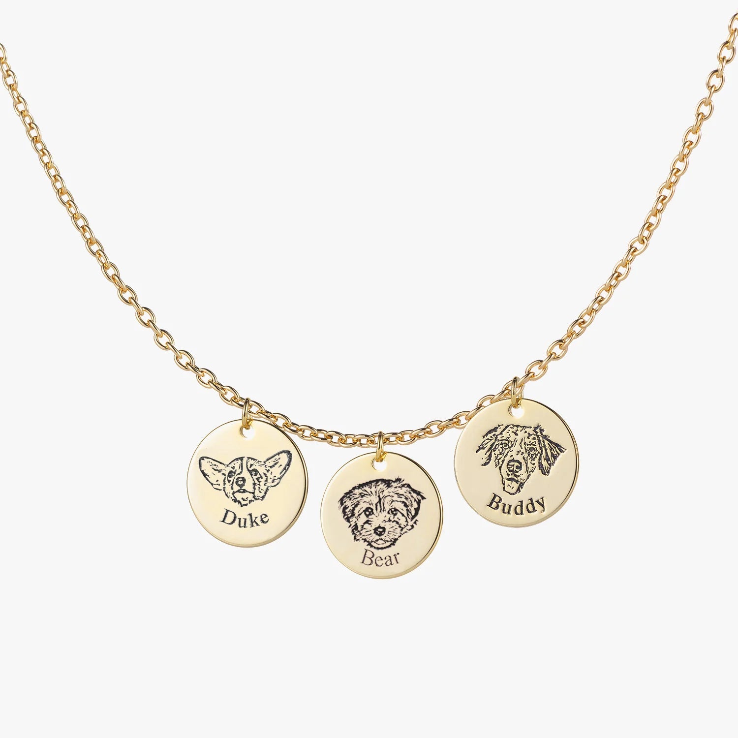 Gold Custom Pet Face Necklace with 3 personalized pet pendants