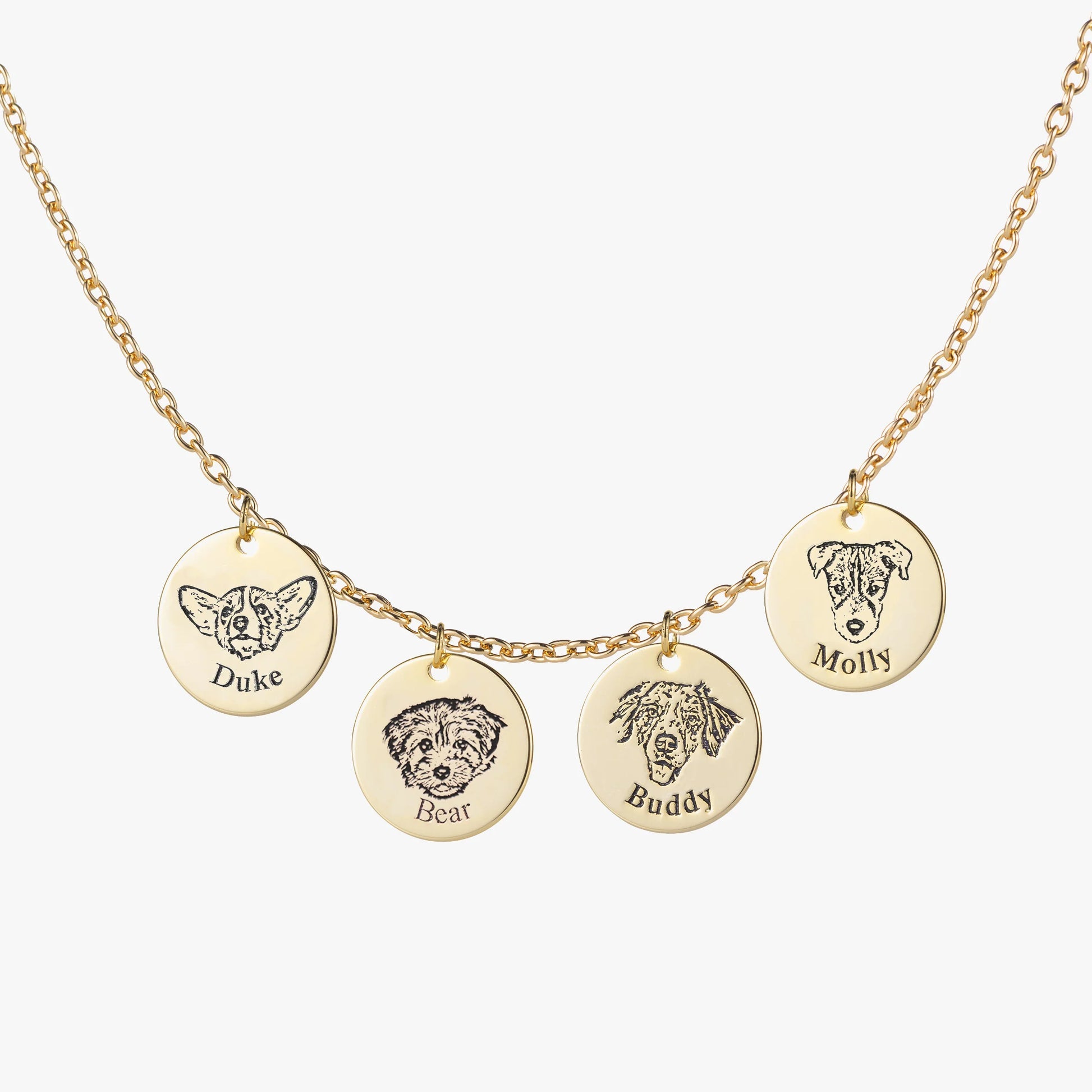 Gold Custom Pet Face Necklace with 4 personalized pet pendants