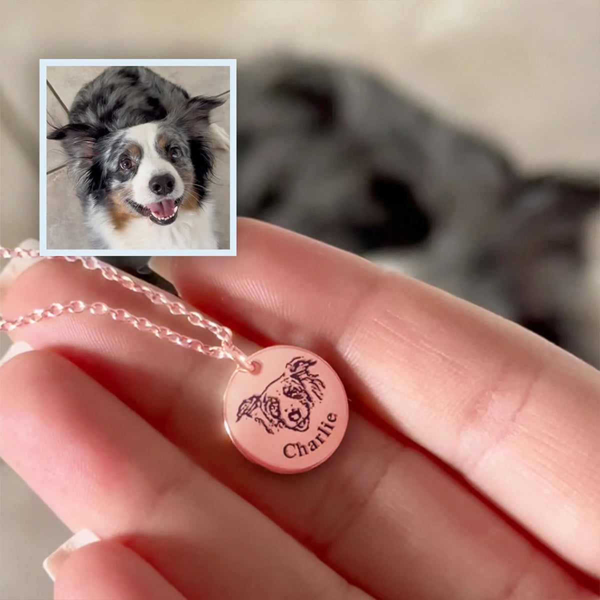 Pet photo transformed into a personalized Rose Gold pet portrait necklace
