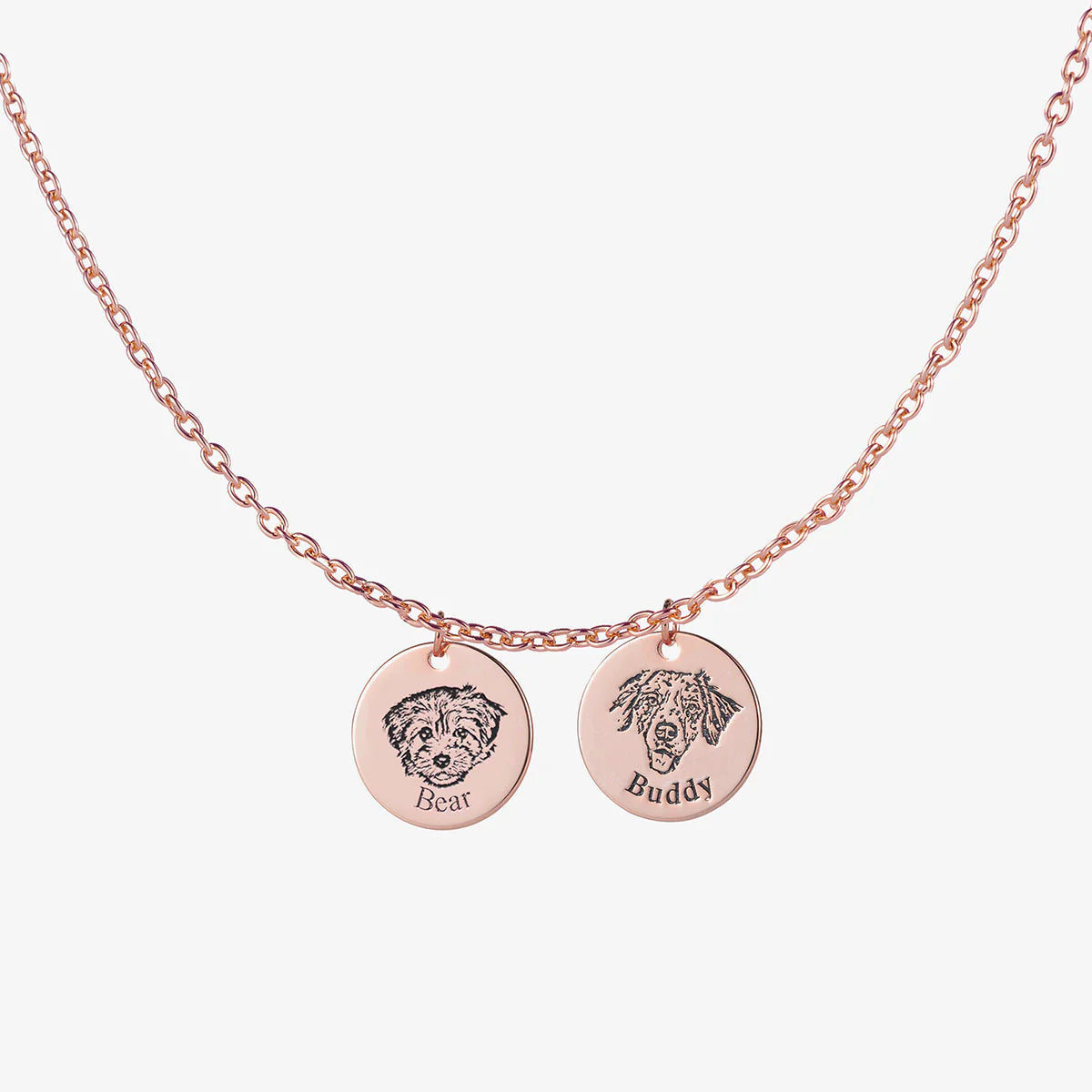 Rose Gold Custom Pet Face Necklace with 2 personalized pet pendants