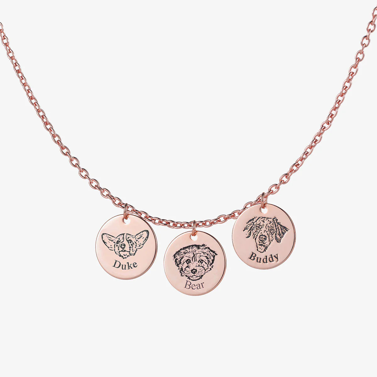 Rose Gold Custom Pet Face Necklace with 3 personalized pet pendants