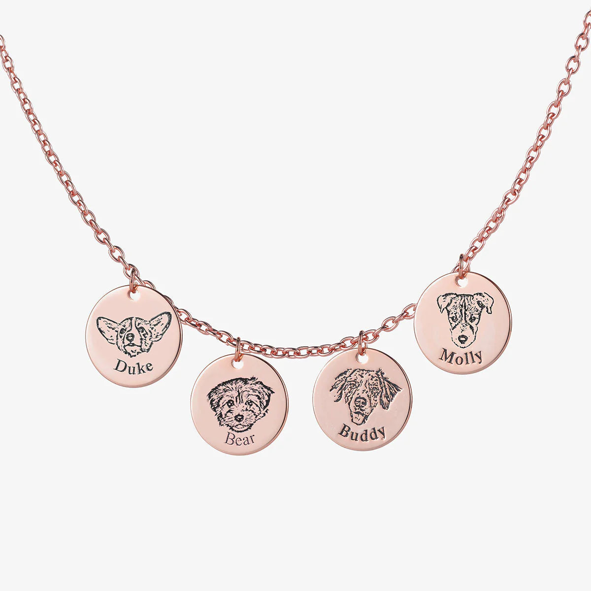 Rose Gold Custom Pet Face Necklace with 4 personalized pet pendants