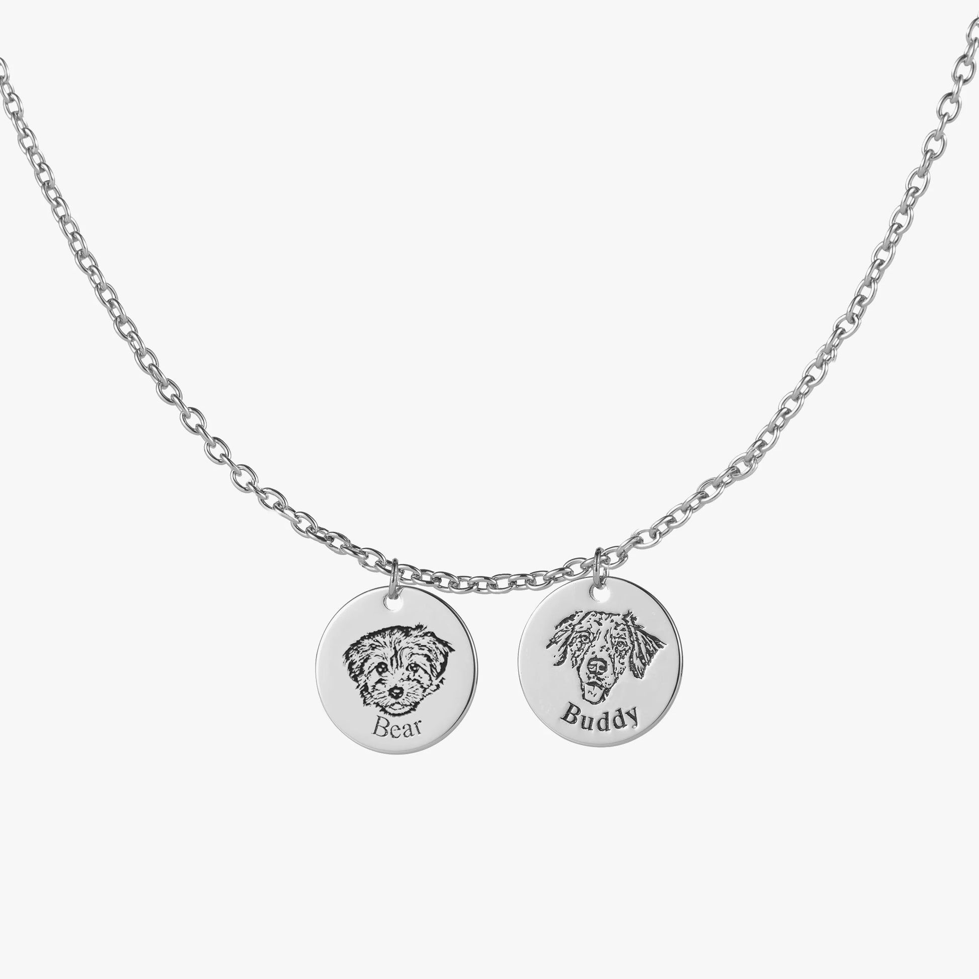 Silver Custom Pet Face Necklace with 2 personalized pet pendants
