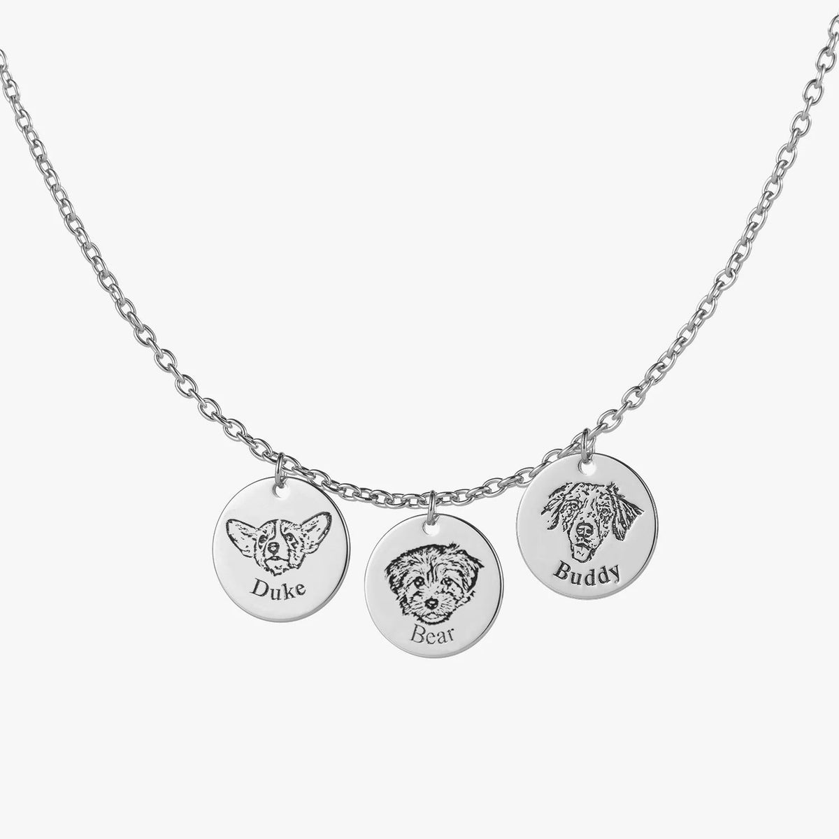 Silver Custom Pet Face Necklace with 3 personalized pet pendants
