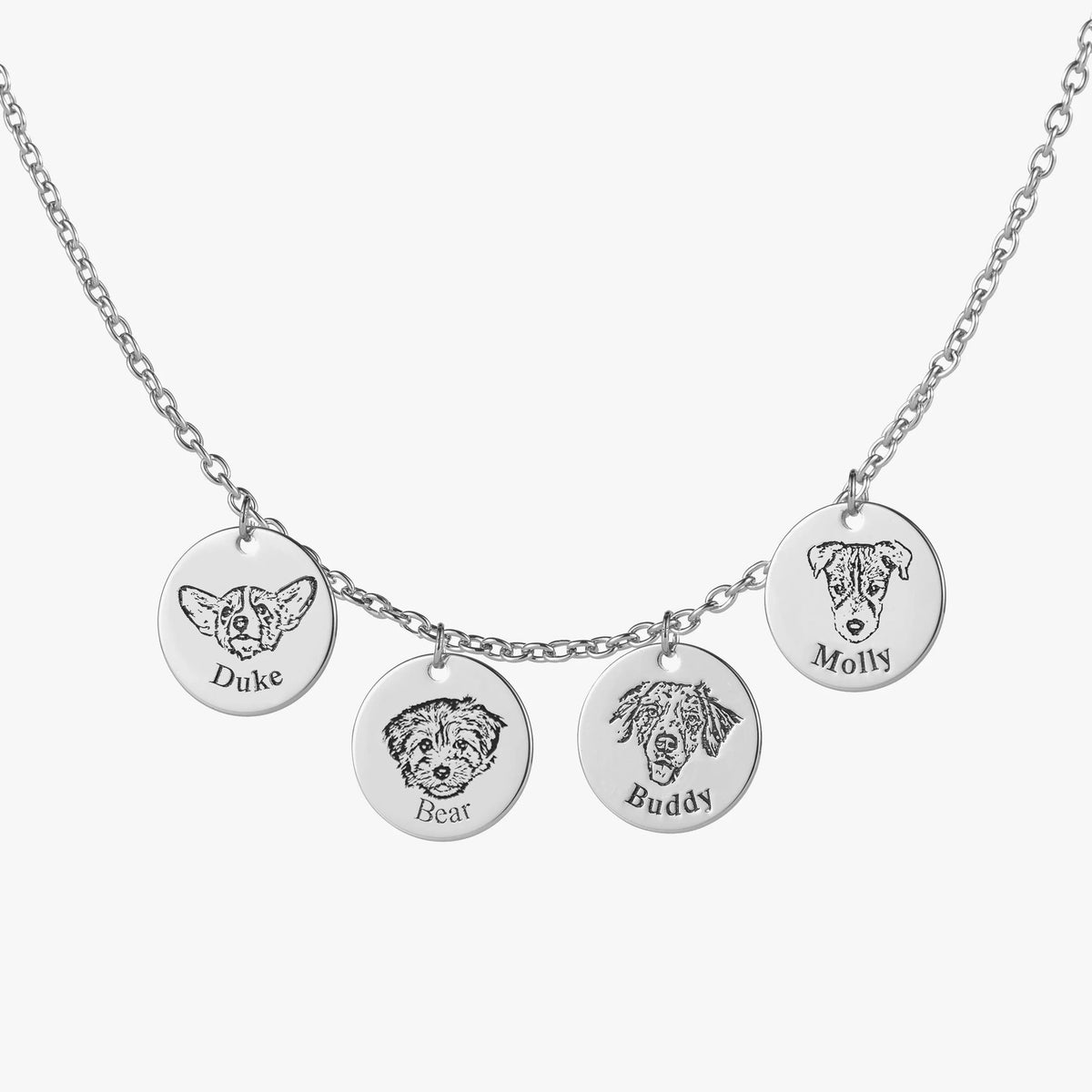 Silver Custom Pet Face Necklace with 4 personalized pet pendants
