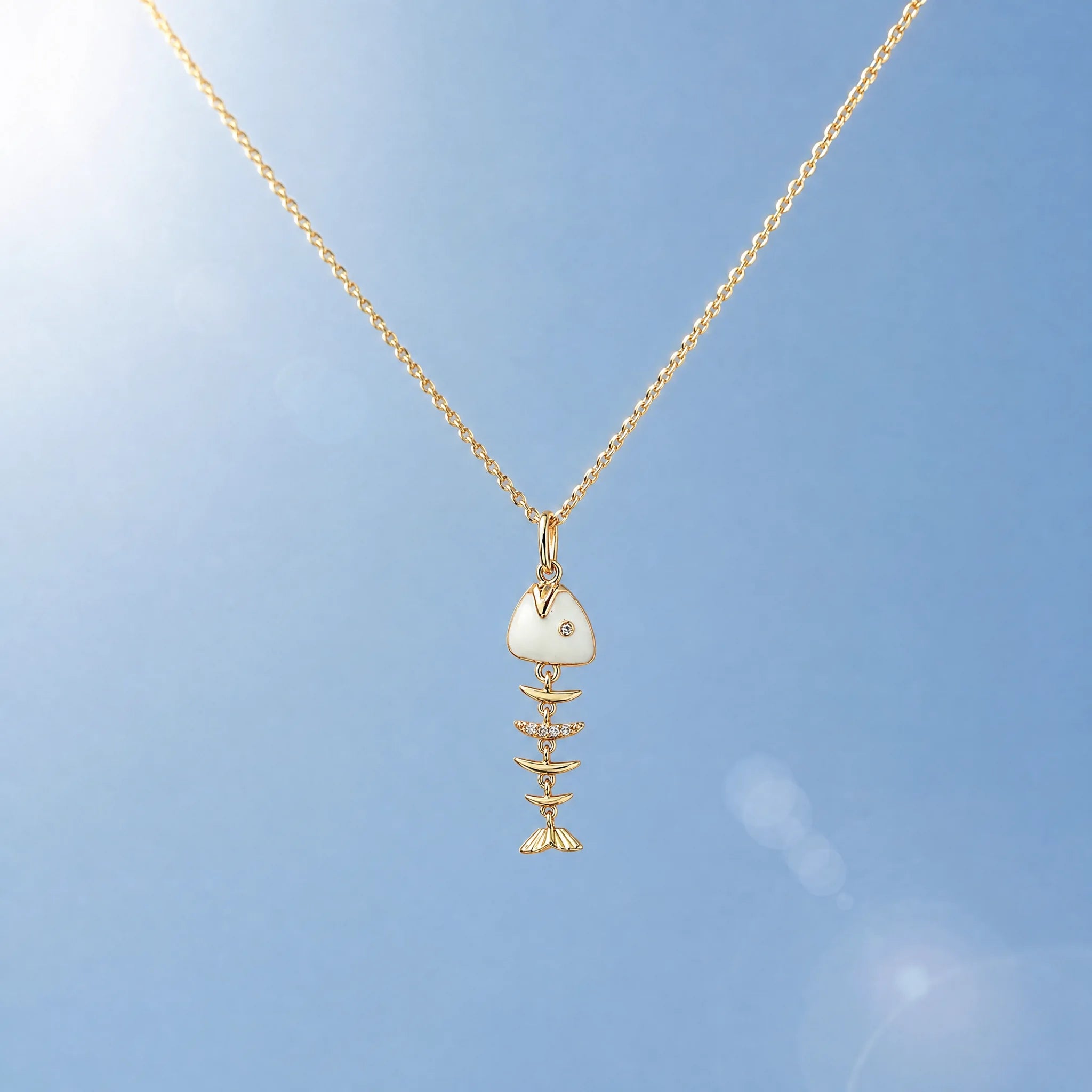 CALEO lifestyle necklace image - Gold Blue Fishbone Pendant Charm - 2026-07-22