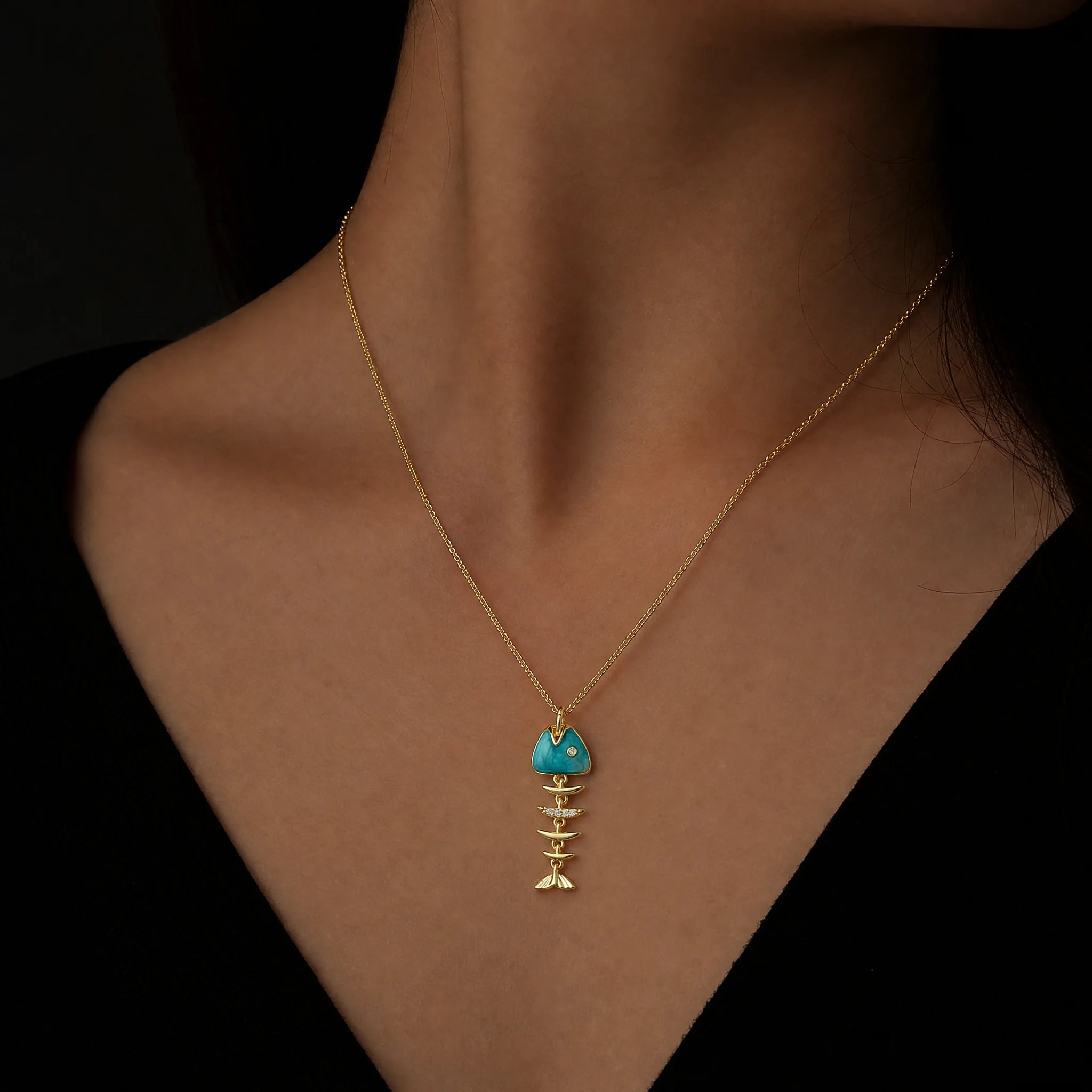 CALEO lifestyle necklace image - Gold Turquoise Fishbone Pendant Charm - 2026-07-22