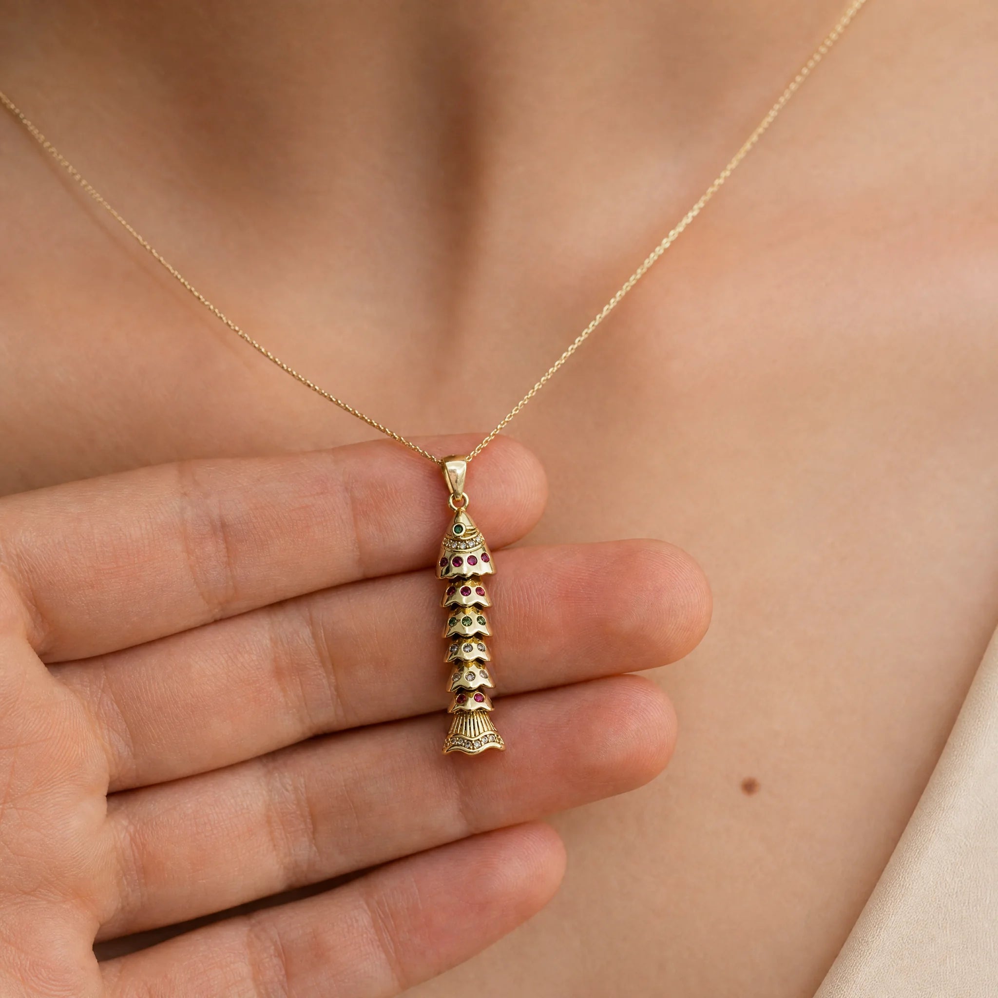 CALEO lifestyle necklace image - Gold Fishbone Pendant Charm - 2026-07-22