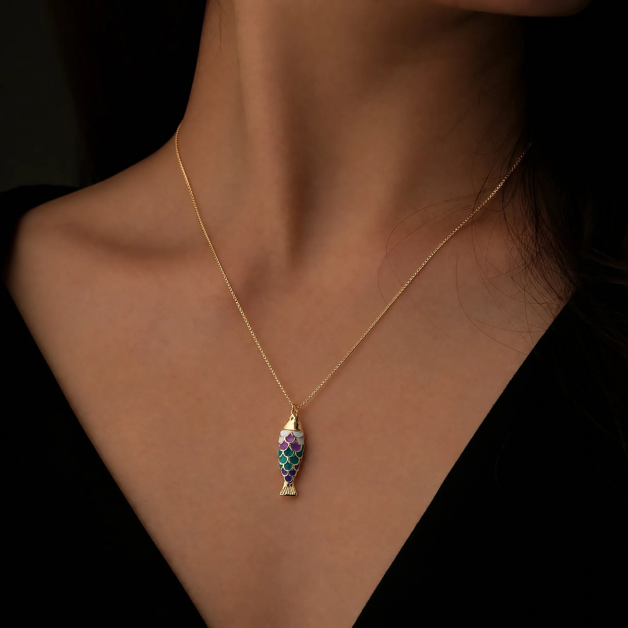 CALEO lifestyle necklace image - Gold Purple Fish Pendant Charm - 2026-07-22