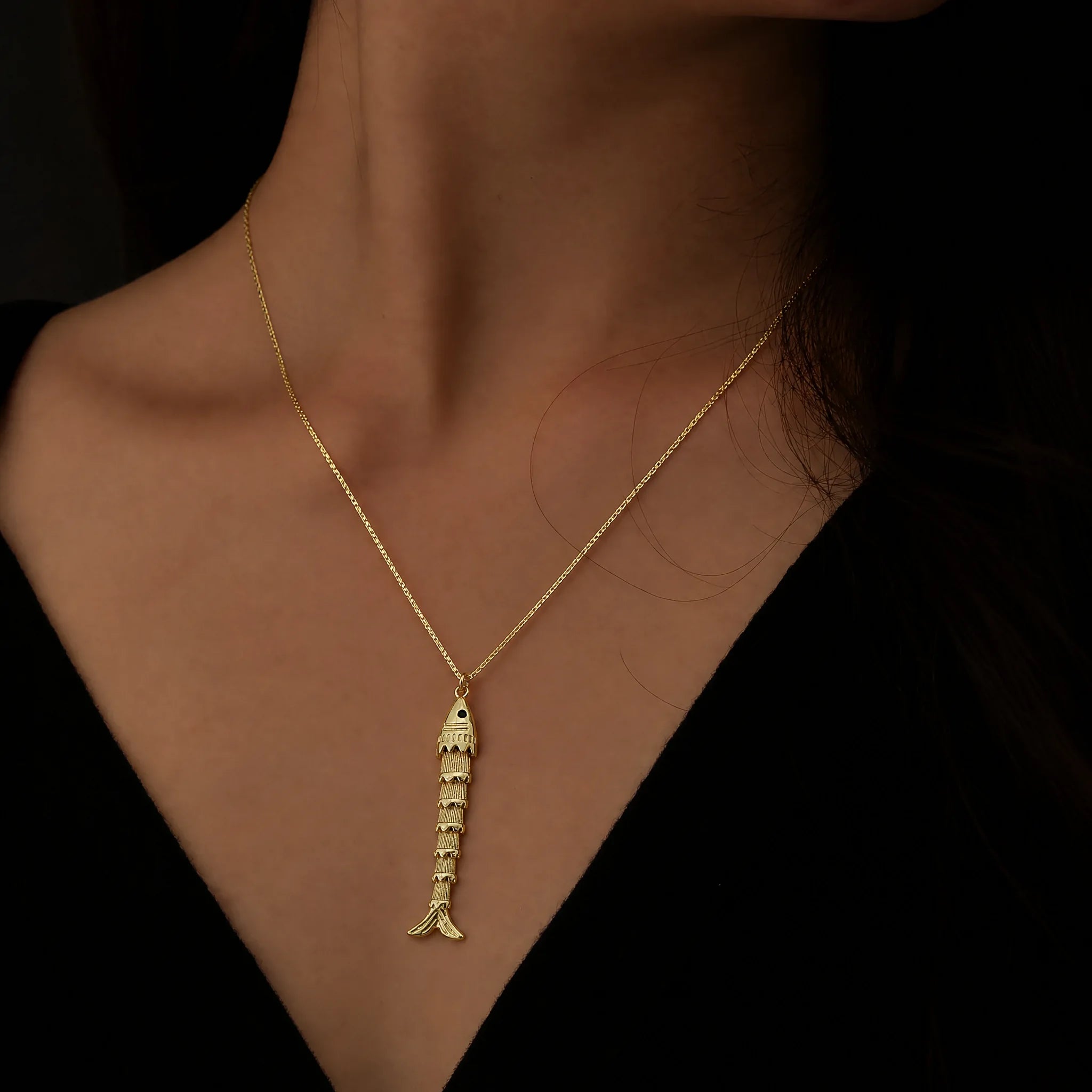 CALEO lifestyle necklace image - Gold Long Textured Fish Pendant Charm - 2026-07-22