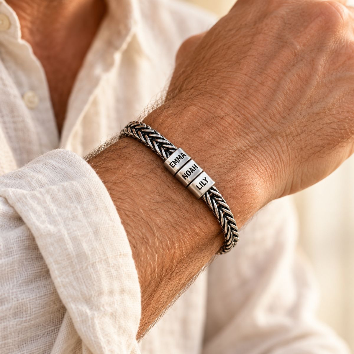 Dad Bracelet with Kids' Names — natural worn hero