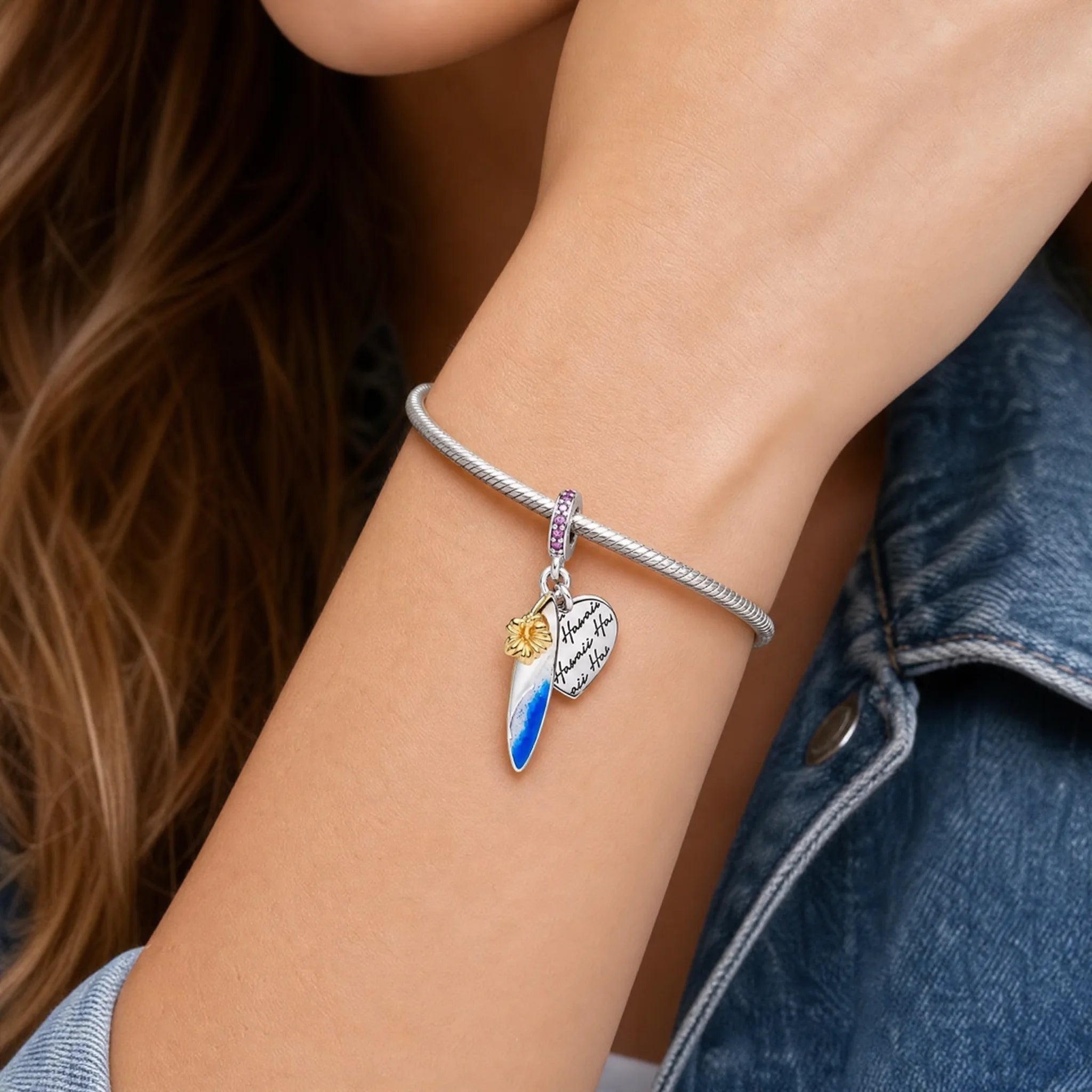 CALEO dangle lifestyle image - Silver Blue Surfboard Dangle Charm - dangle-one-thumb-ref12-silver-blue-surfboard-dangle-charm - 2026-07-24