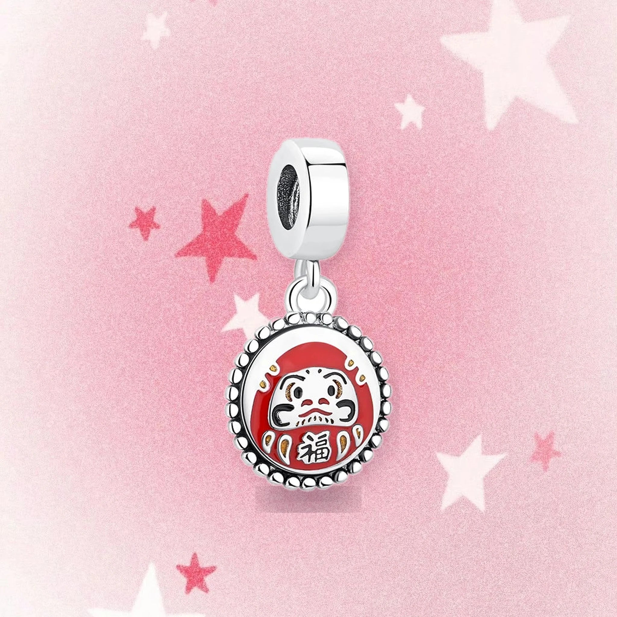 CALEO Japanese charm thumbnail - Daruma Fortune Medallion Dangle Charm - pink star background - 2026-07-22