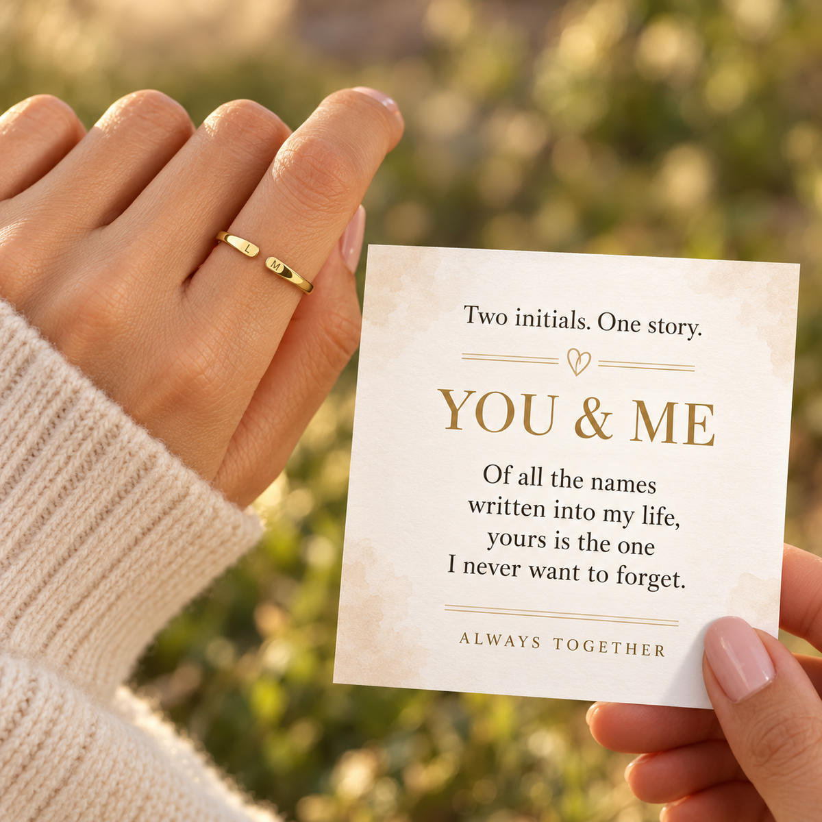 Double Initial Name Ring — You and Me emotional message card