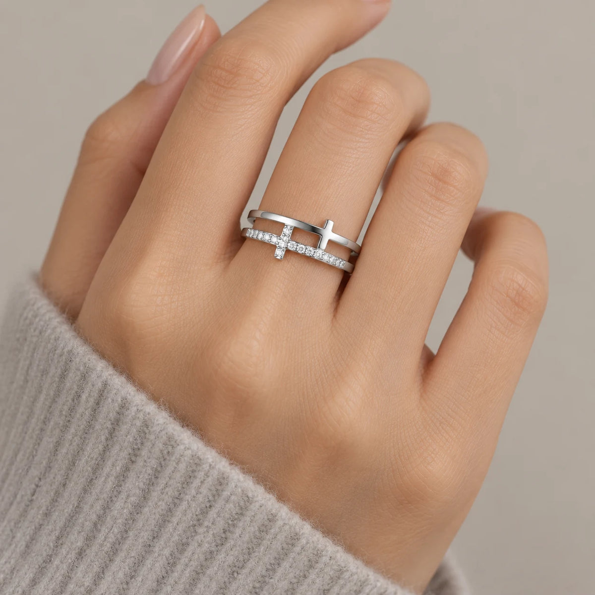 Dual Grace Cross Ring - dual grace cross ring silver worn
