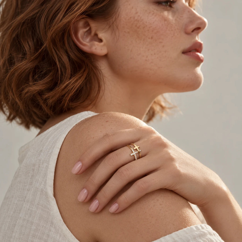 Dual Grace Cross Ring - dual grace cross ring gold shoulder lifestyle