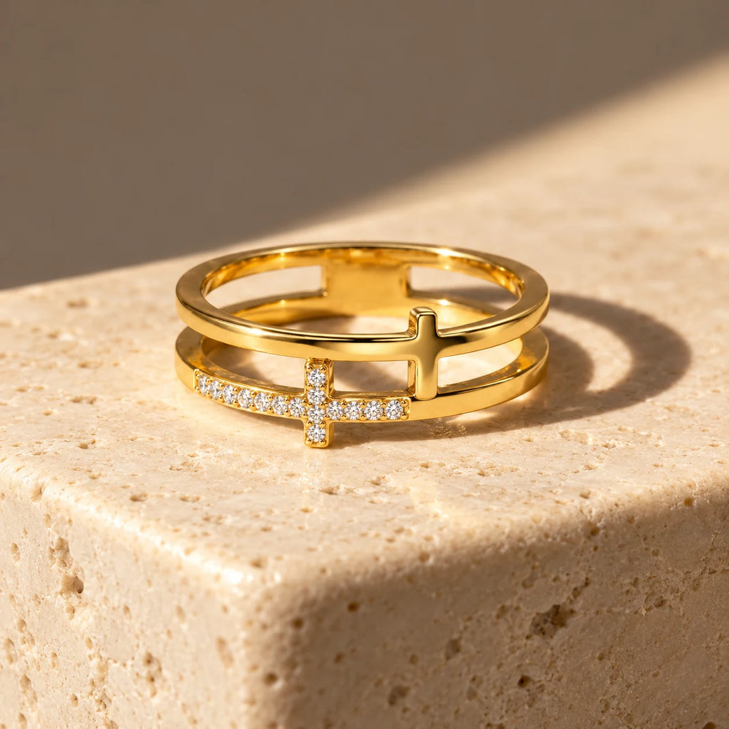 Dual Grace Cross Ring - dual grace cross ring gold still life
