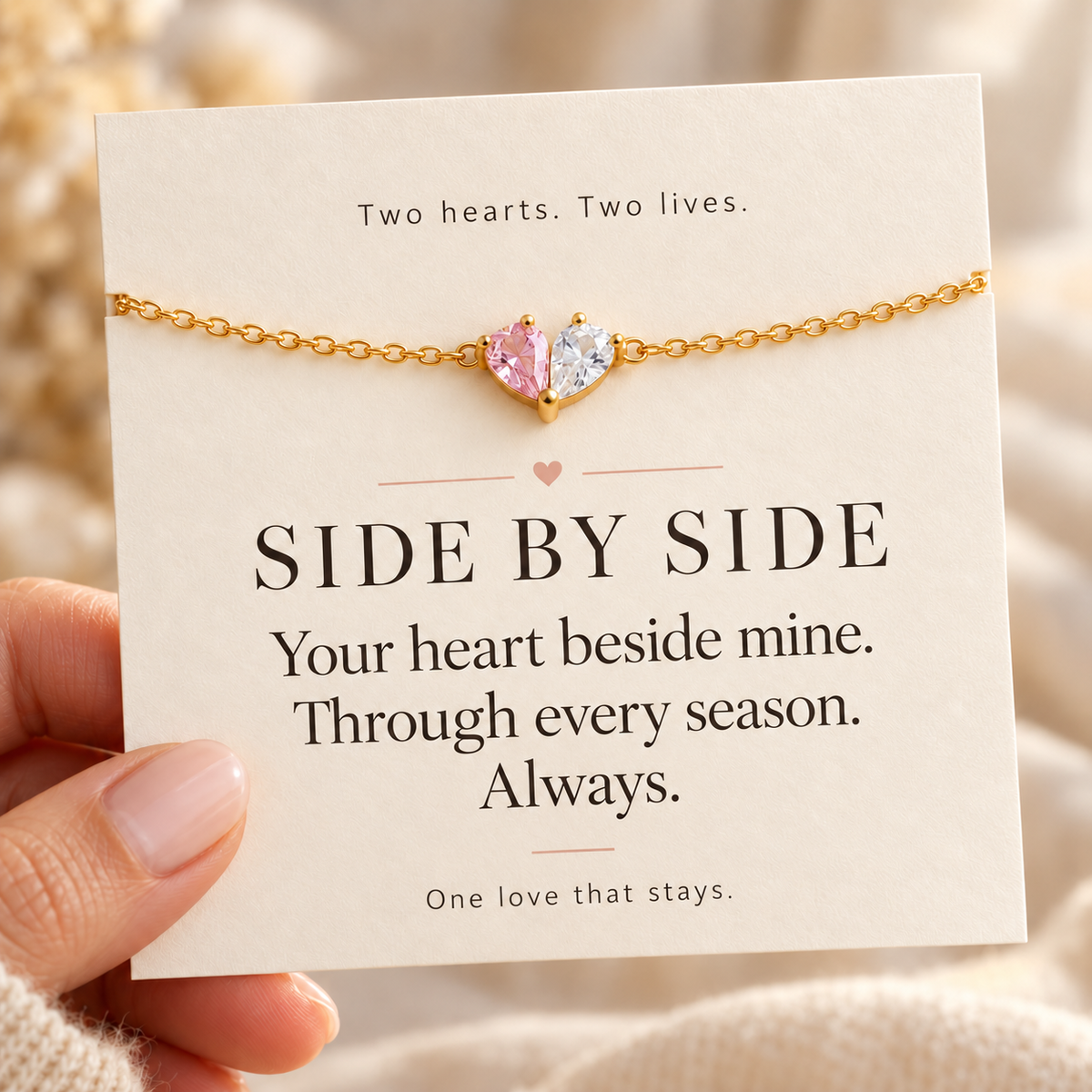 Duo Heart Birthstone Bracelet — Side by Side emotional message card