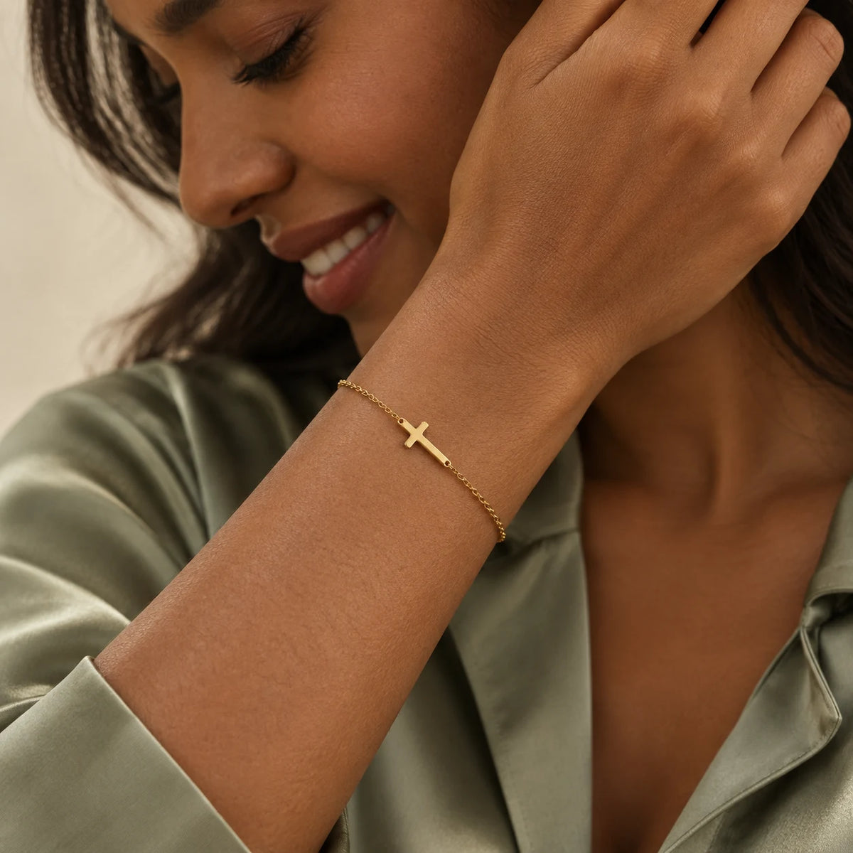 Essential Cross Bracelet - lifestyle gold sage