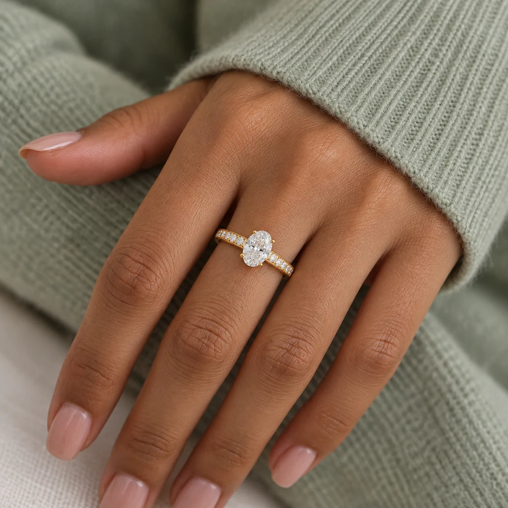 Everlight Solitaire Ring - lifestyle gold sage knit