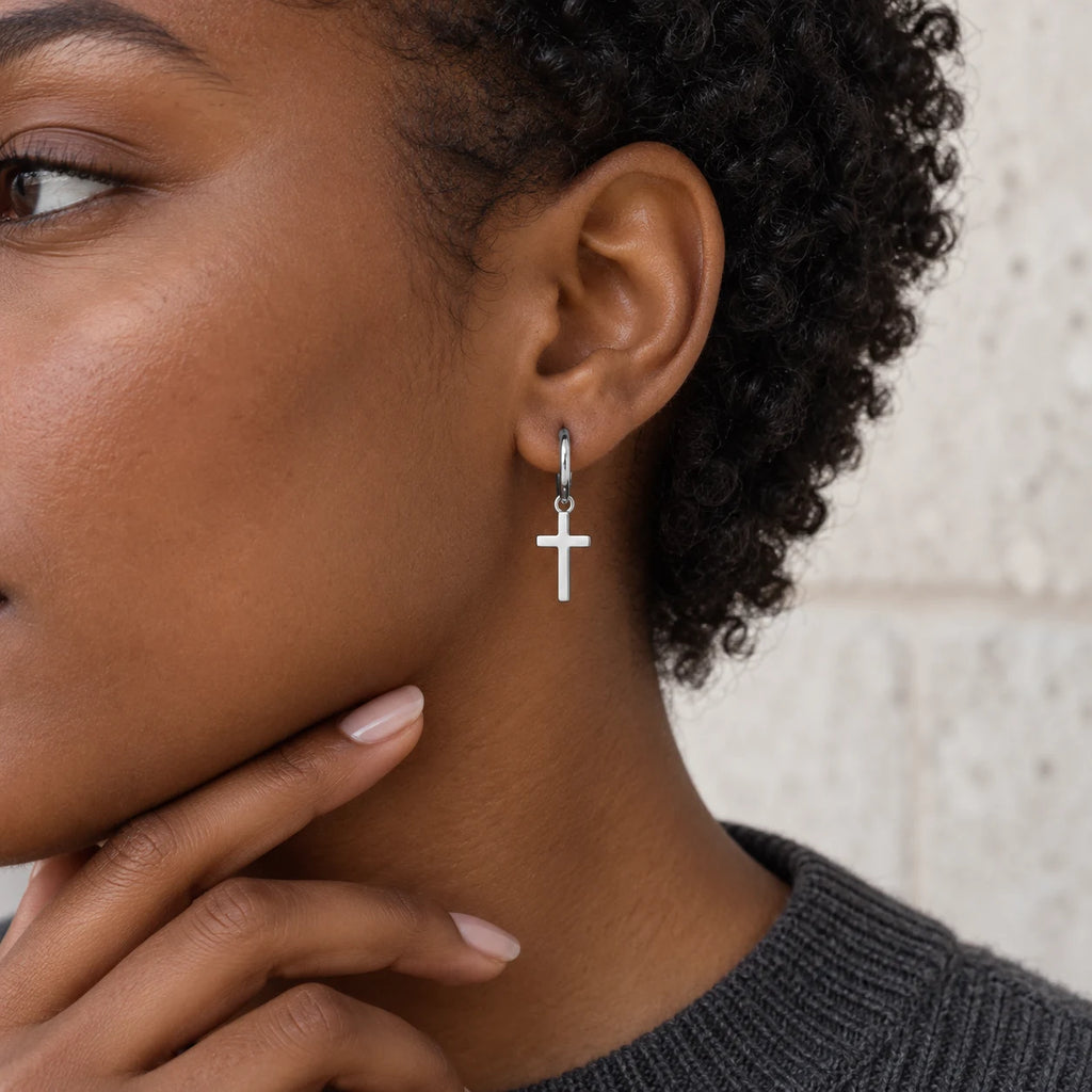 Everyday Grace Cross Hoops - lifestyle silver