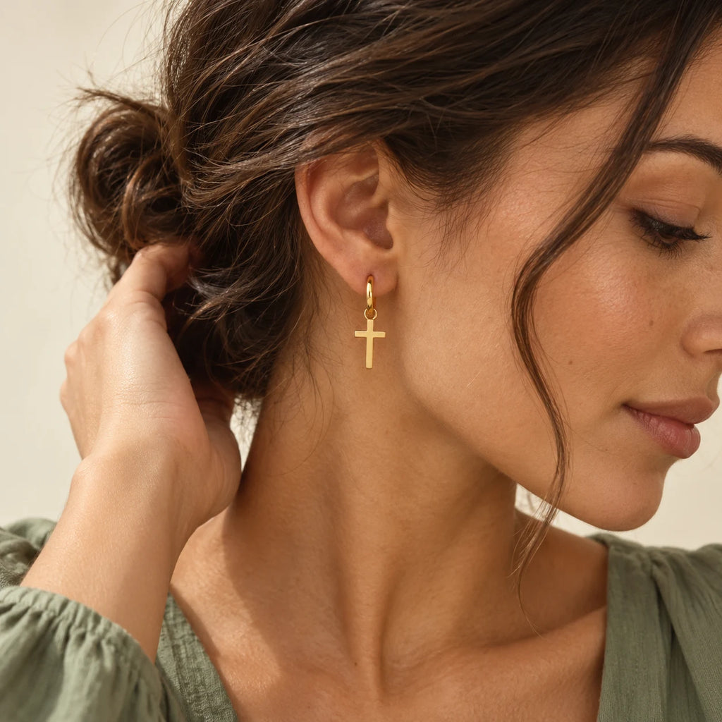Everyday Grace Cross Hoops - lifestyle gold sage