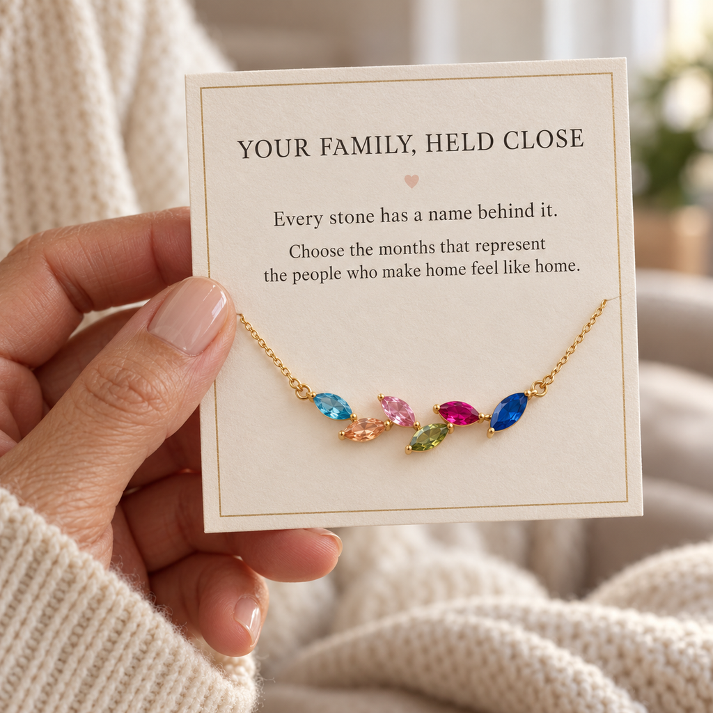 Family Birthstone Necklace — family held close message card