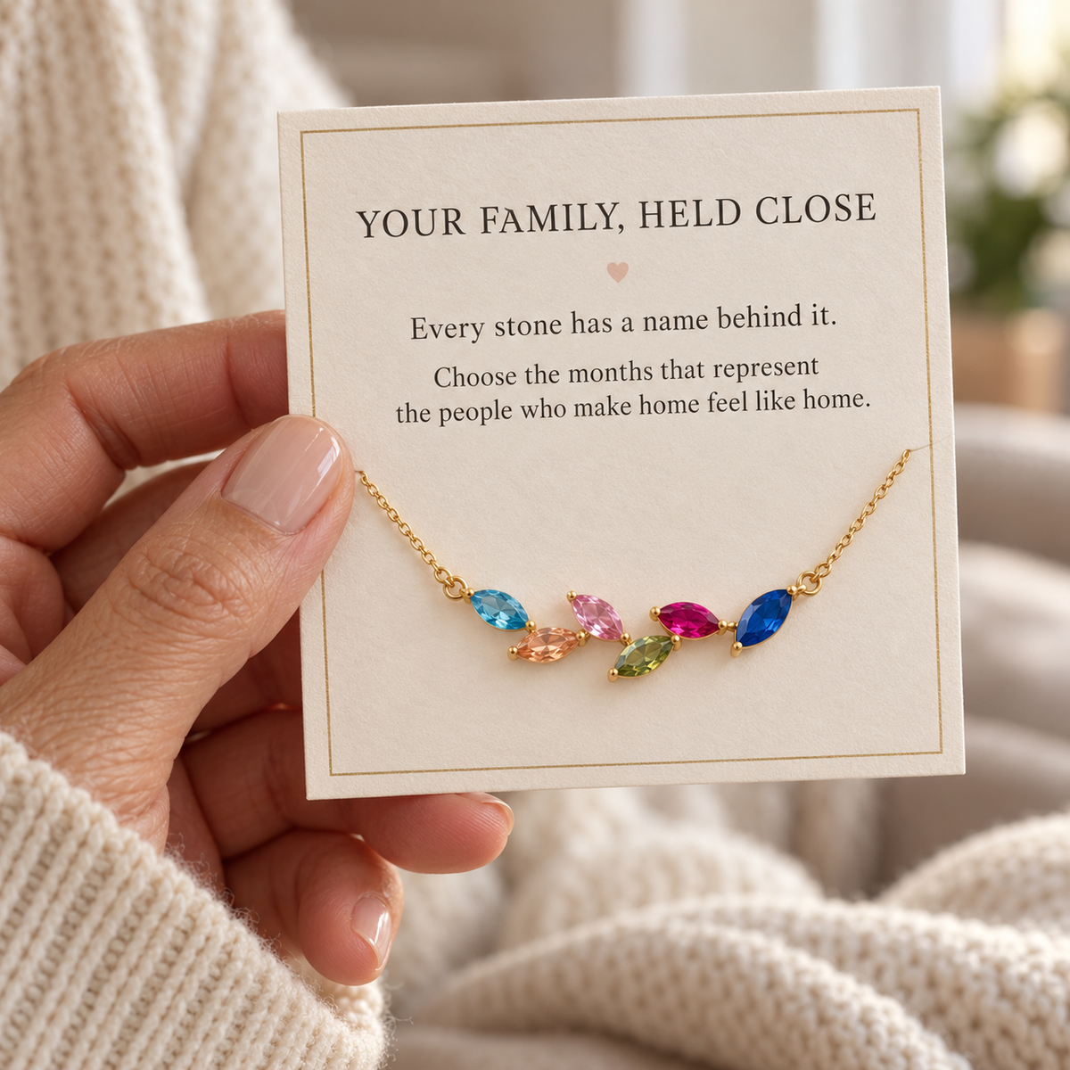 Family Birthstone Necklace — family held close message card