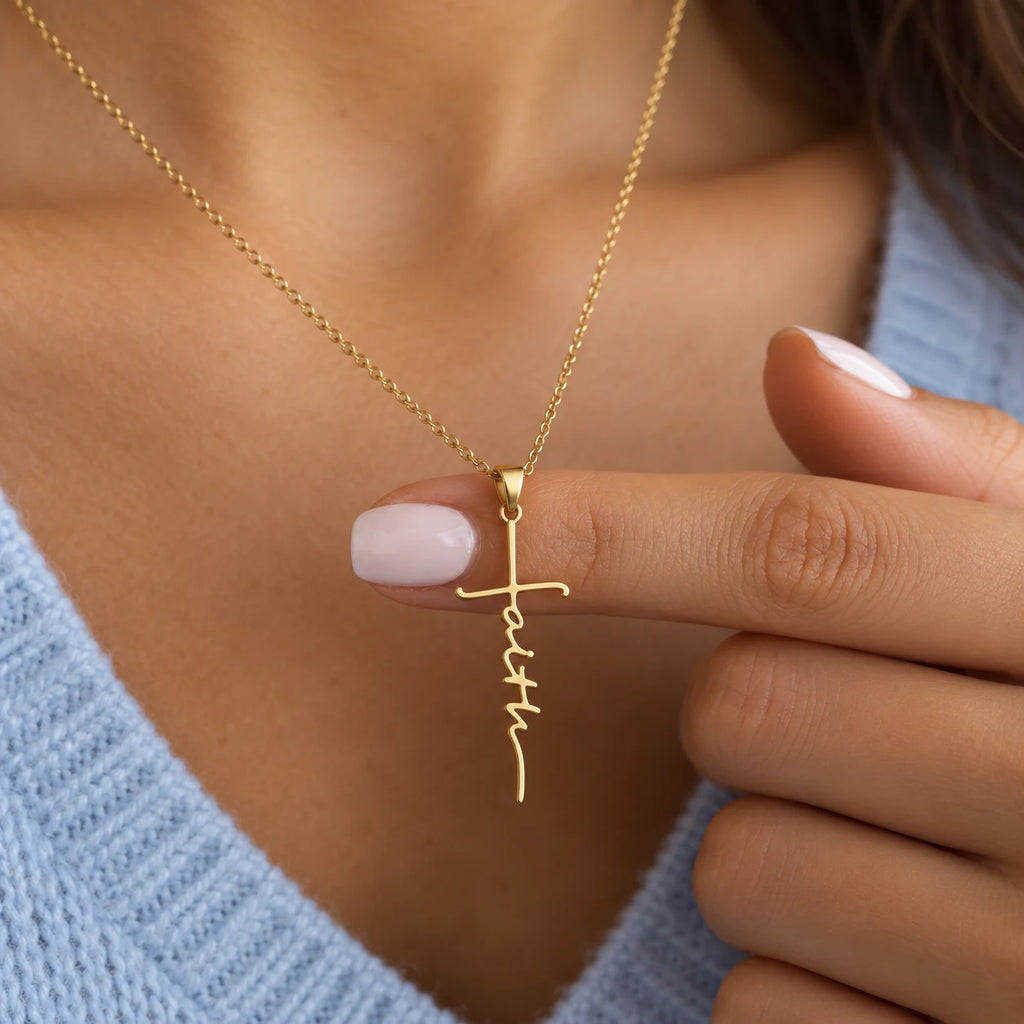 Flowing Faith Necklace - lifestyle gold finger