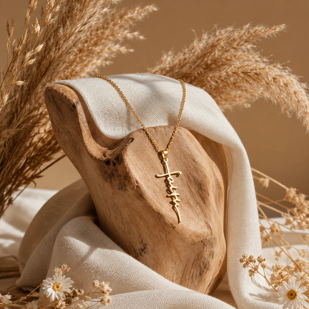 Flowing Faith Necklace - still life gold wood