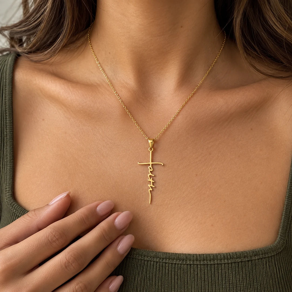 Flowing Faith Necklace - lifestyle gold chest