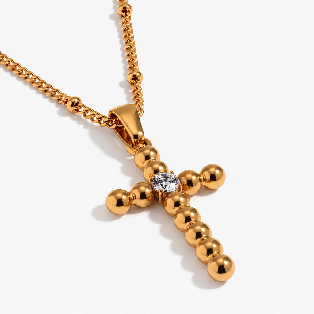 Glimmer Bead Cross Necklace - thumbnail gold