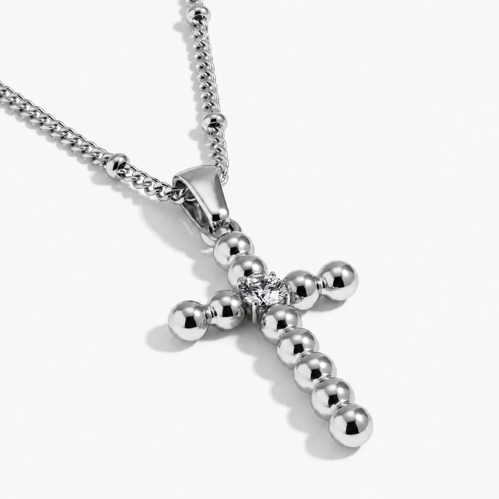 Glimmer Bead Cross Necklace - thumbnail silver