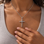 Glimmer Bead Cross Necklace - lifestyle silver hand