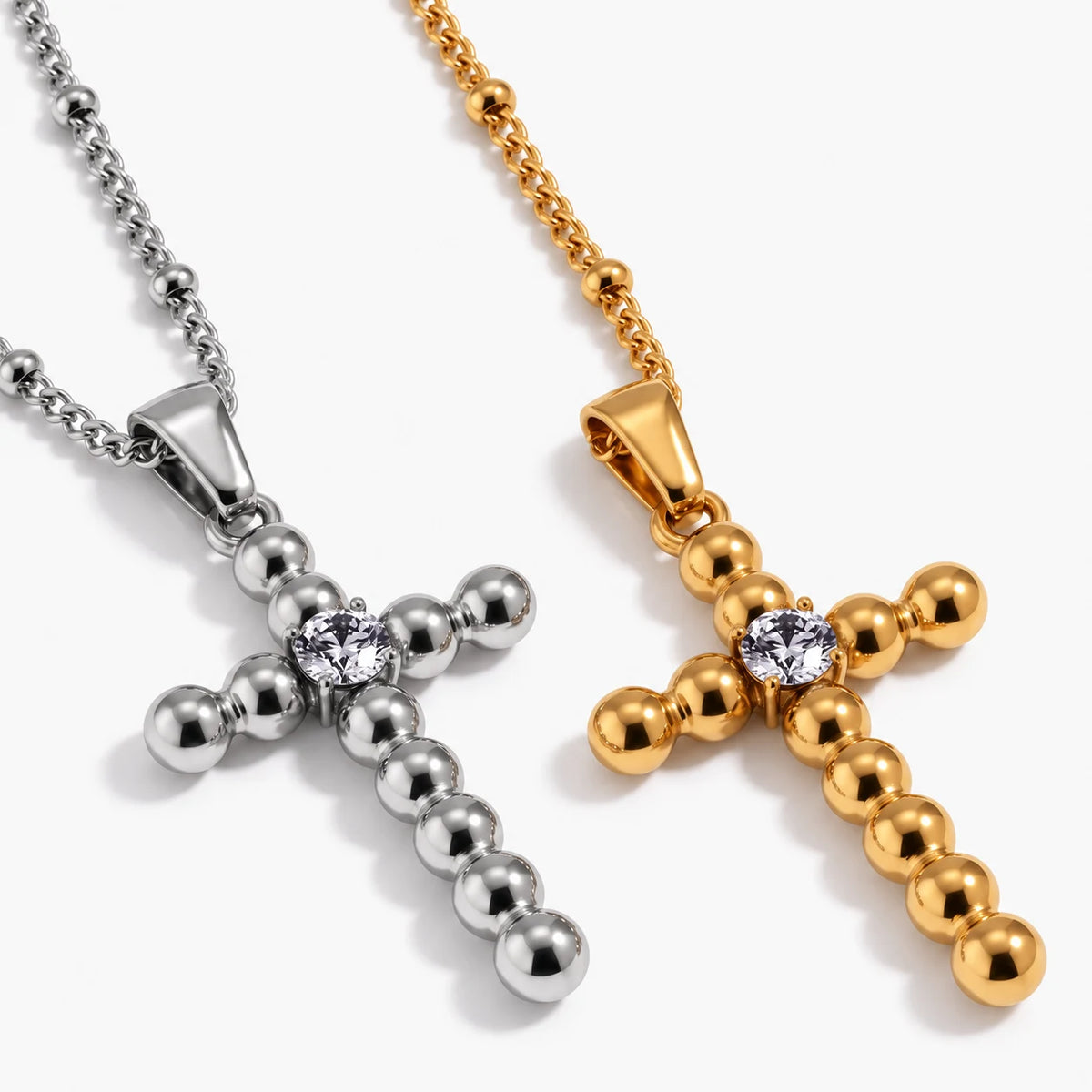 Glimmer Bead Cross Necklace - finishes gold silver