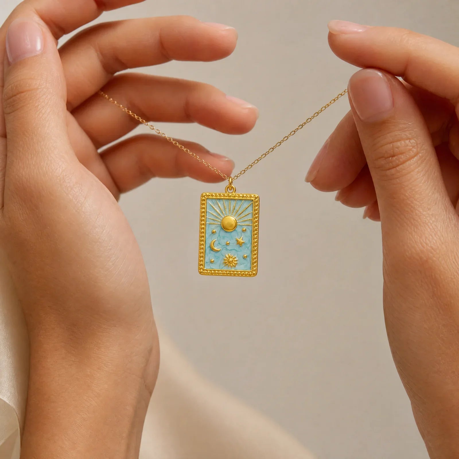 Gold Blue Celestial Tarot Pendant Charm lifestyle jewelry photo