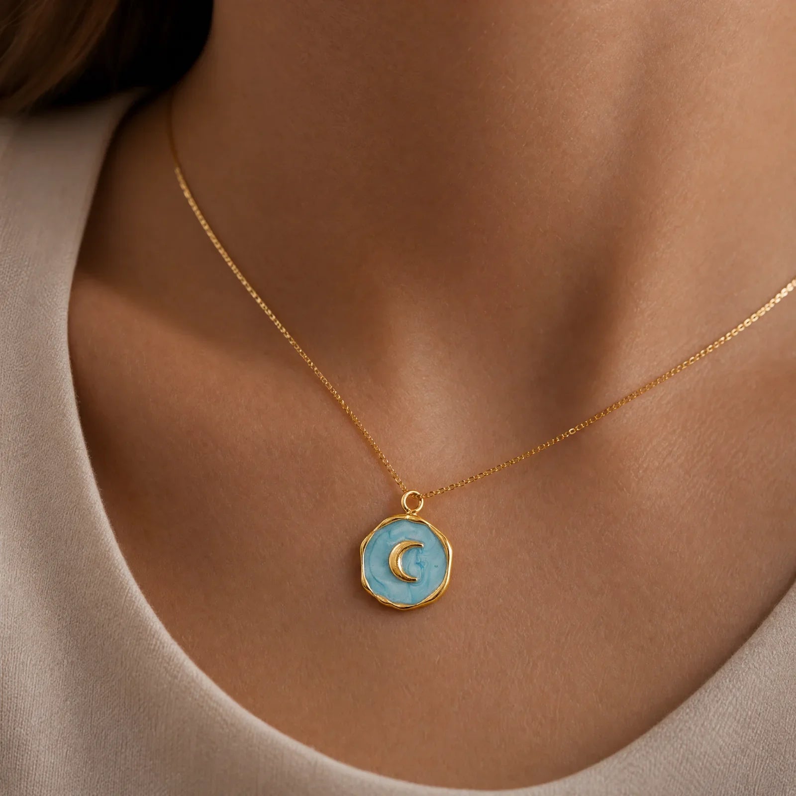 Gold Blue Crescent Moon Medallion Pendant Charm lifestyle jewelry photo