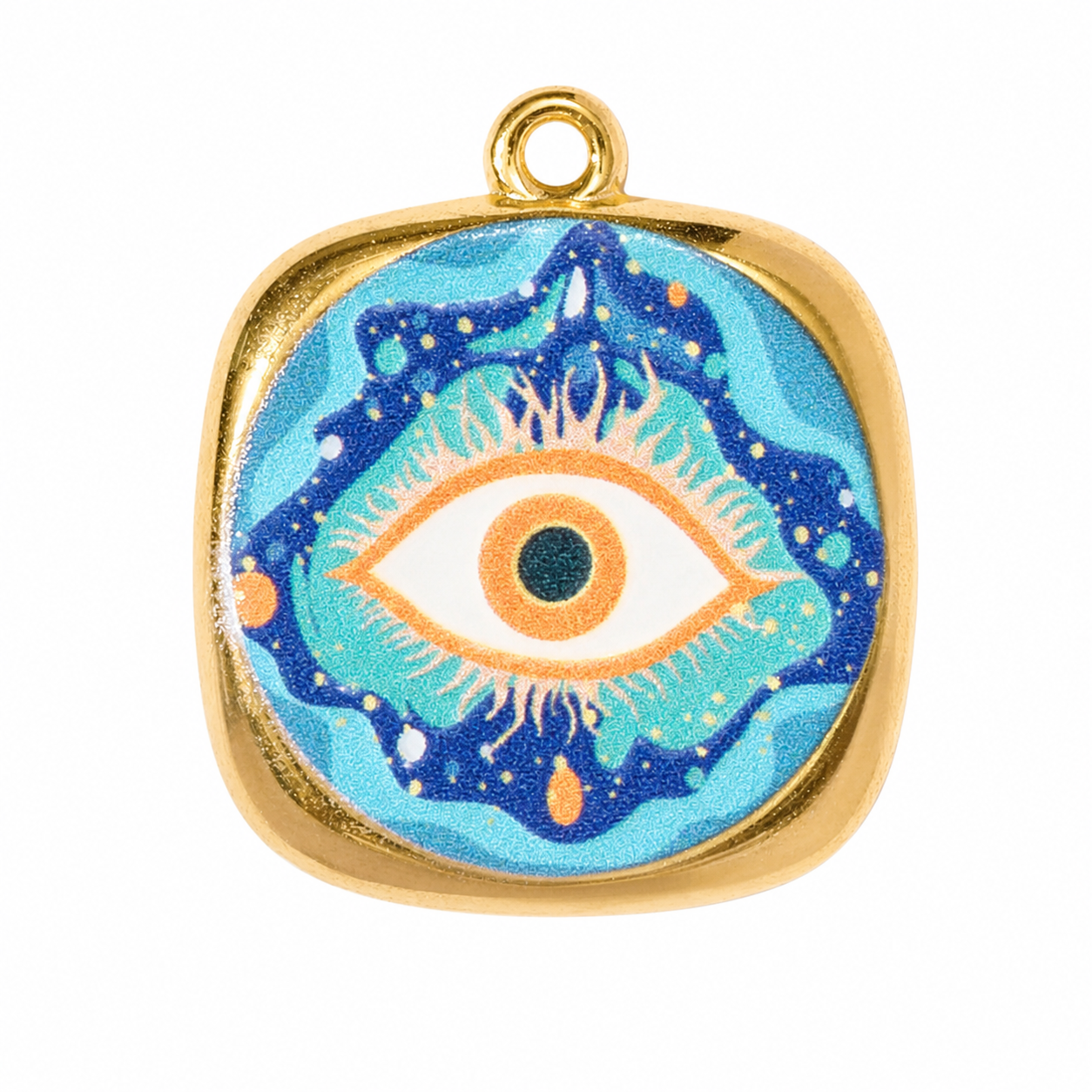 Gold Blue Evil Eye Square Pendant Charm